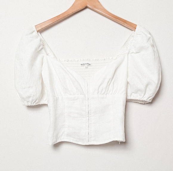REFORMATION Rome Top Linen Puff Sleeve White 0 - Picture 3 of 10